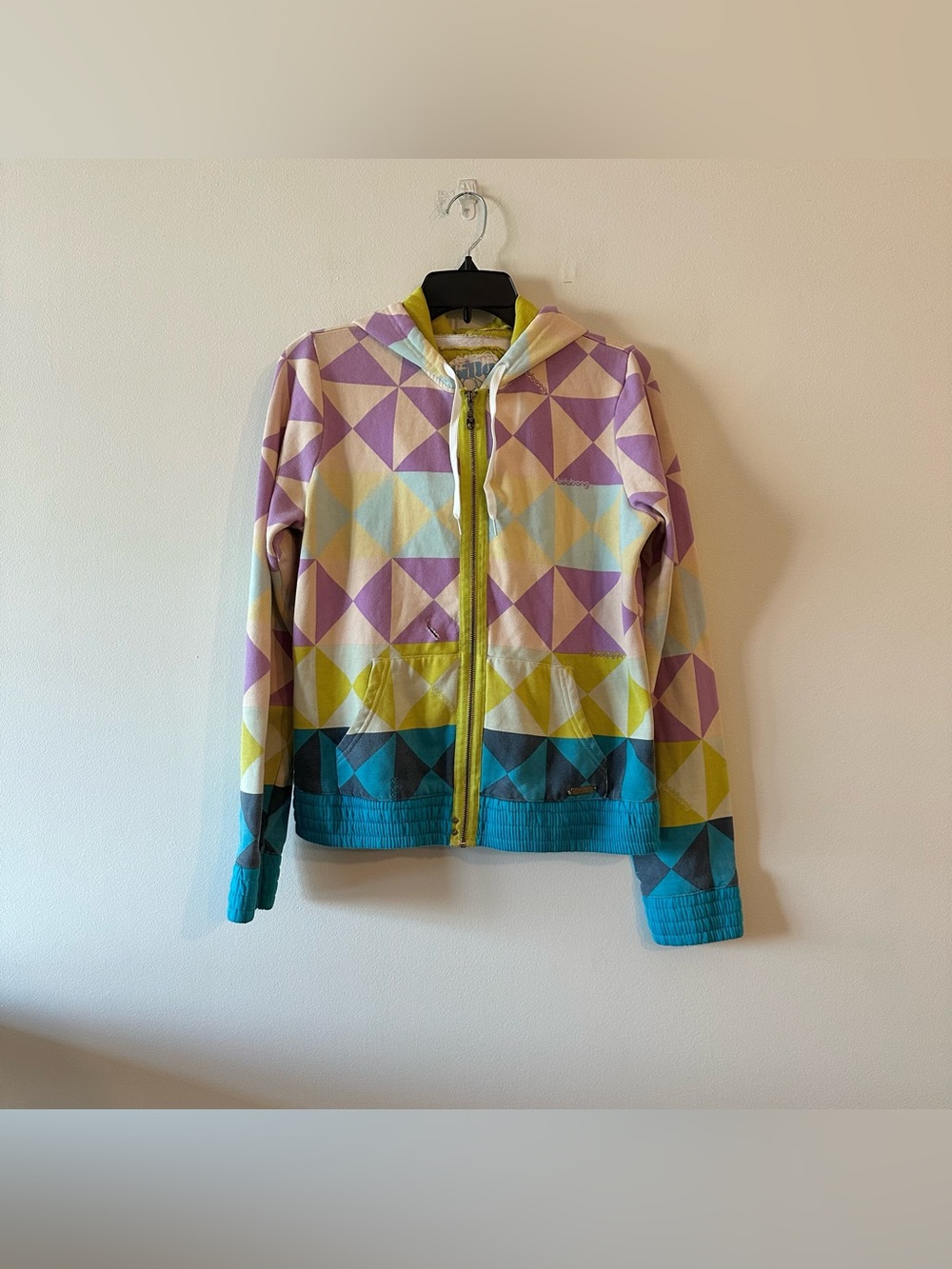 Vintage Y2K Geometric Billabong Zip Logo Hoodie L Zip Purple Blue Yellow Skater